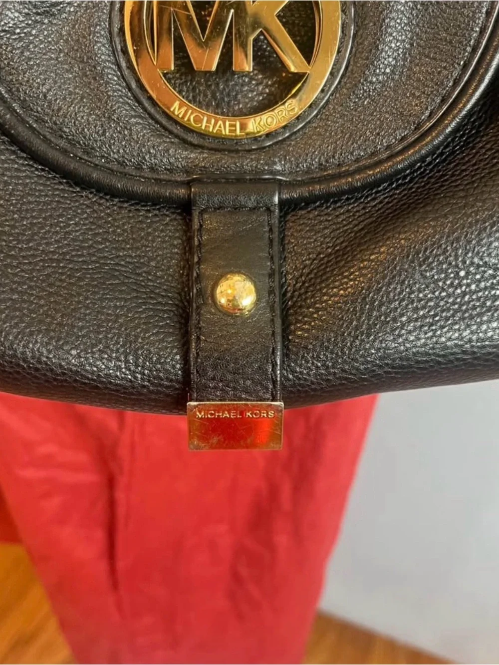 Michael Kors Fulton Black Leather Satchel Shoulder Bag Gold MK Circle Logo Hobo